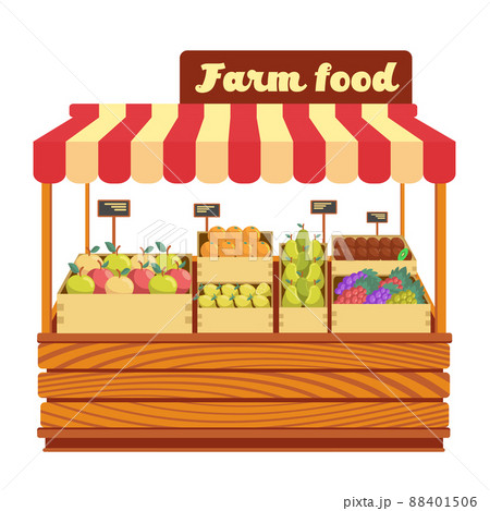 Market wood stand with farm food and vegetables in box illustration 88401506