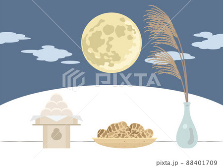 お月見-月夜に並べた月見団子と里芋とススキ お月見-月夜に並べた月見団子と里芋とススキ 88401709