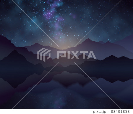 Nature night background with starry sky, mountains and water surface 88401858