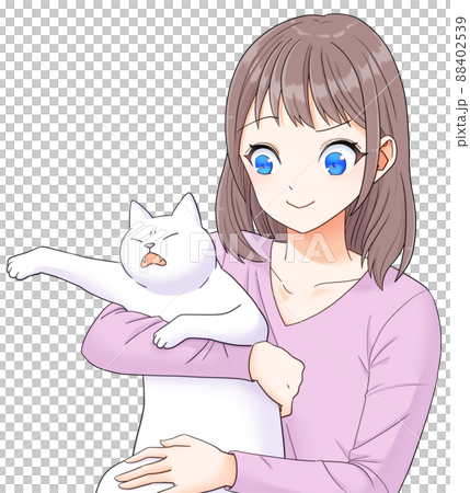 白い猫を抱いてる女性。きれいな絵 - 絵画/タペストリ