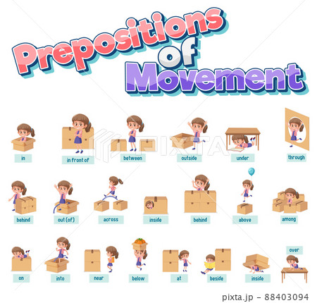 Preposition wordcard with girl and boxes 88403094