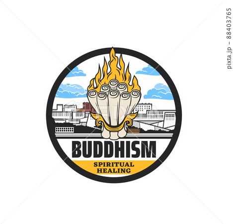 Buddhism icon, Buddha spiritual healing and meditation, vector religious icon. Dharma, enlightenment and spirit awakening emblem of Buddhism monastery in Tibet and burning flames on scrolls Buddhism icon, Buddha spiritual healing and meditation, vector religious icon. Dharma, enlightenment and spirit awakening emblem of Buddhism monastery in Tibet and burning flames on scrolls 88403765