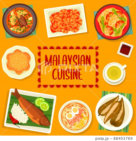 Malaysian cuisine menu cover page design. Fish curry, chilli shrimps and noodle soup Soto Ayam, Bak Kut Teh, pie Kuih Bakar Pandan and chilli peppers stuffed with fish, grilled fish with coconut crust Malaysian cuisine menu cover page design. Fish curry, chilli shrimps and noodle soup Soto Ayam, Bak Kut Teh, pie Kuih Bakar Pandan and chilli peppers stuffed with fish, grilled fish with coconut crust 88403769