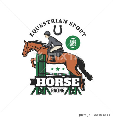 Equestrian sport and horse racing vector icon. Horse and jockey jumping over barrier with horseback rider helmet and boots, horsey saddle, horseshoe and equine harness, show jumping Equestrian sport and horse racing vector icon. Horse and jockey jumping over barrier with horseback rider helmet and boots, horsey saddle, horseshoe and equine harness, show jumping 88403833