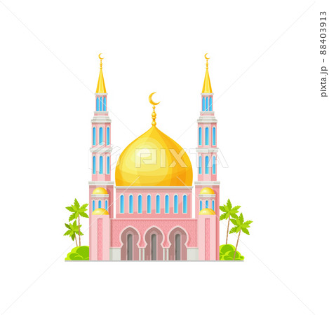 Islamic mosque building with golden dome and minarets. Arabic architecture, islam religion temple, isolated vector muslim mosque or palace exterior facade with crescent on towers spires 88403913