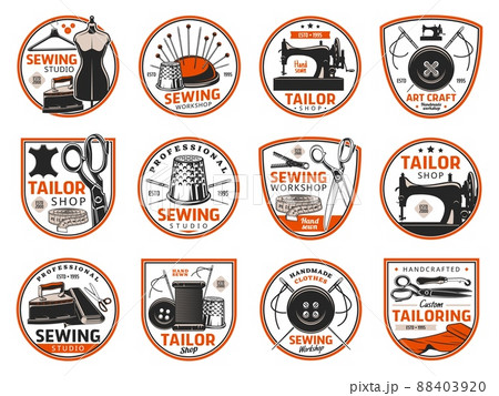 Tailoring and sewing industry icons, tailor shop or dressmaking atelier vector retro symbols. Dressmaker seamstress salon, handicraft tailoring workshop, clothes sewing studio icons Tailoring and sewing industry icons, tailor shop or dressmaking atelier vector retro symbols. Dressmaker seamstress salon, handicraft tailoring workshop, clothes sewing studio icons 88403920