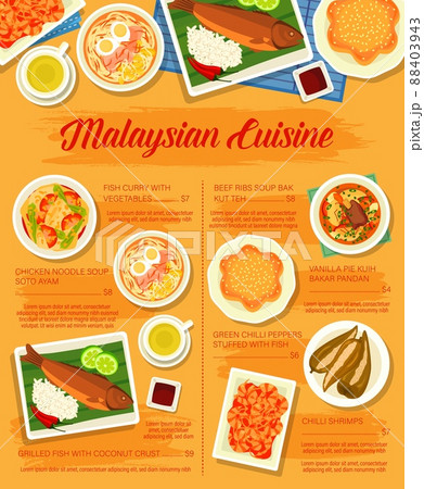 Malaysian cuisine restaurant menu page. Green chilli peppers stuffed with fish, Kuih Bakar Pandan and chilli shrimps, fish curry, ribs soup Bak Kut Teh and grilled fish with coconut, Soto Ayam soup Malaysian cuisine restaurant menu page. Green chilli peppers stuffed with fish, Kuih Bakar Pandan and chilli shrimps, fish curry, ribs soup Bak Kut Teh and grilled fish with coconut, Soto Ayam soup 88403943
