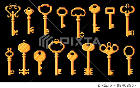 Vintage and modern keys in pixel art, 8bit game vector icons of door keys. 8 bit pixel cubic golden keys from castle door gates for game assets to unlock entrance or level pass 88403957