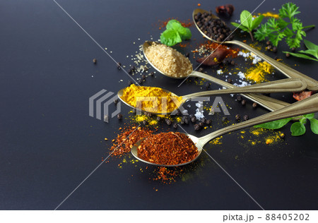 Dry chilli - spicy herbs for cooking and herbs on black background with space Dry chilli - spicy herbs for cooking and herbs on black background with space 88405202