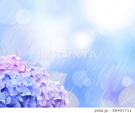 梅雨に咲く美しい薄紫色のあじさいと葉っぱの静かに小雨の降る幻想的なボケの背景イラスト素材 88405711