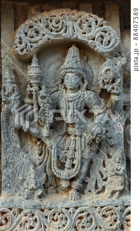 Sculpture of Lord Vishnu as Trivikrama in Vaman Avatar, Lakshminarsimha Temple, Javagal , Hassan, Karnataka, India Sculpture of Lord Vishnu as Trivikrama in Vaman Avatar, Lakshminarsimha Temple, Javagal , Hassan, Karnataka, India 88407589
