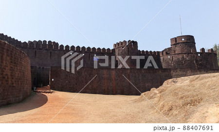 Entrance and Protection Wall of Mirjan Fort, fort was first built by Nawayath Sultanates early 1200, Uttara Kannada, Karnataka, India 88407691