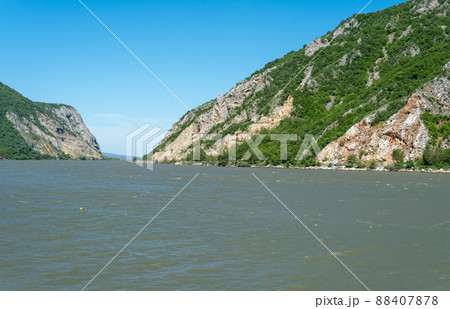 Danube river at the Iron gates gorge between Serbia and Romania Danube river at the Iron gates gorge between Serbia and Romania 88407878