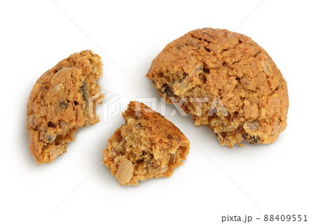 oatmeal cookies with flax, pumpkin and sunflower seeds isolated on white background with clipping path and full depth of field. Top view. Flat lay oatmeal cookies with flax, pumpkin and sunflower seeds isolated on white background with clipping path and full depth of field. Top view. Flat lay 88409551