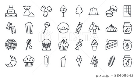 Bakery products, chocolate, candies, sweets icon set. Confectionery isolated vector line icons Bakery products, chocolate, candies, sweets icon set. Confectionery isolated vector line icons 88409642