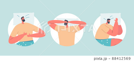 Men Sleep or Relaxing in Different Sleeping Pose Isolated Round Icons or Avatars. Male Character Lying in Bed Top View 88412569