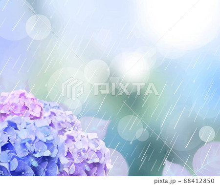 梅雨に静かに小雨の降る中咲く美しい薄紫色とピンク色のあじさいと葉っぱの幻想的なボケの背景イラスト素材のイラスト素材