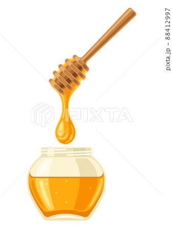 Illustration of honey jar with stick. Image for food and agricultural industry. 88412997