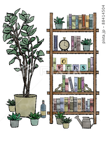 アンティークな本やオブジェ・観葉植物が並んだラックの、クラシカルな色合いの手描き水彩イラスト アンティークな本やオブジェ・観葉植物が並んだラックの、クラシカルな色合いの手描き水彩イラスト 88414504