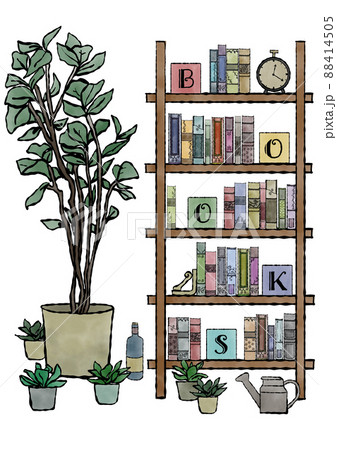 アンティークな本やオブジェ・観葉植物が並んだラックの、クラシカルな色合いの手描き水彩イラスト アンティークな本やオブジェ・観葉植物が並んだラックの、クラシカルな色合いの手描き水彩イラスト 88414505