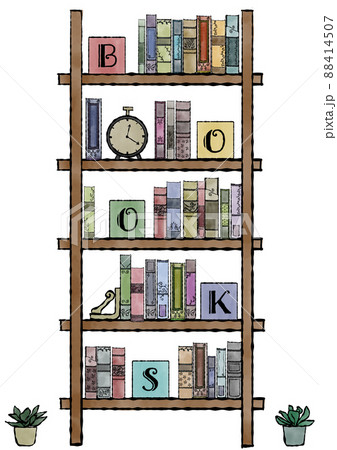 アンティークな本やオブジェ・観葉植物が並んだラックの、クラシカルな