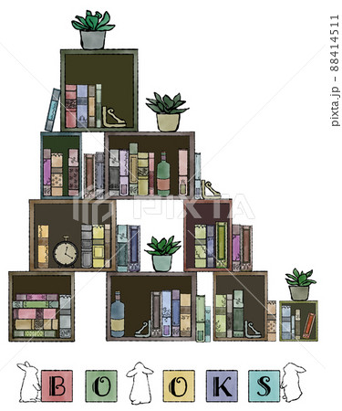 アンティークな本やオブジェ・観葉植物が入った木箱の、クラシカルな色合いの手描き水彩イラスト アンティークな本やオブジェ・観葉植物が入った木箱の、クラシカルな色合いの手描き水彩イラスト 88414511