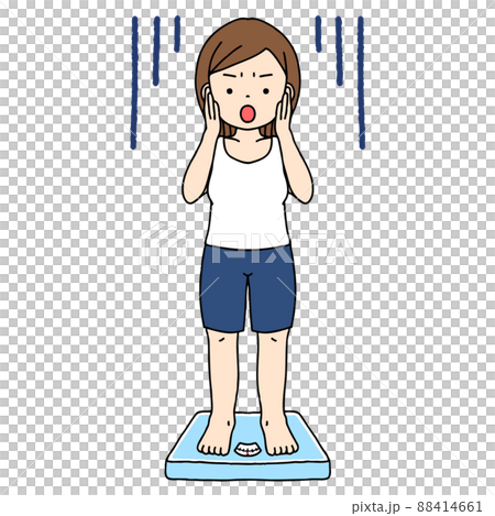 Ghan is shocked by a normal-sized woman in sportswear riding on a scale 88414661