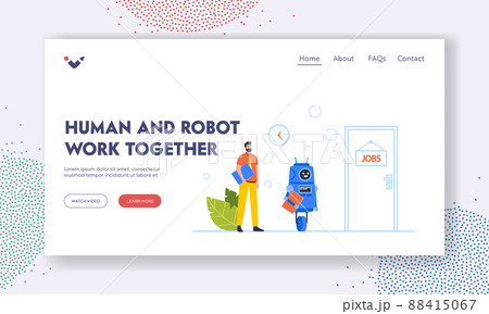 Human and Machine Hiring Landing Page Template. Robot and Businessman with Cv in Hands Waiting Invitation for Job 88415067