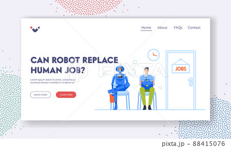 Can Robots Replace Human Jobs Landing Page Template. Cyborg and Businessman Waiting Invitation for Interview in Lobby 88415076
