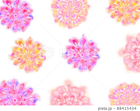 水彩画風タッチでピンクやオレンジ色の花火模様の背景素材 88415434