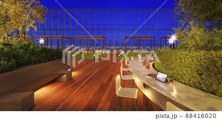 ライトアップされた開放的な屋上庭園 / 屋外のリモートワーク ・コワーキングテラスのイメージ 88416020