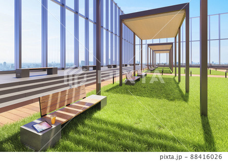 陽光が降り注ぐ開放的な屋上庭園 / 屋外のリモートワーク ・コワーキングテラスのコンセプトイメージ 88416026