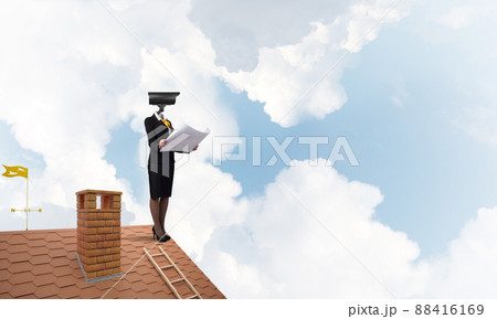 Concept of security and privacy protection with camera headed woman Concept of security and privacy protection with camera headed woman 88416169
