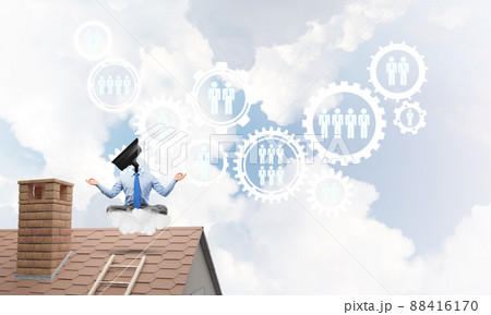 Concept of security and privacy protection with camera headed man meditating Concept of security and privacy protection with camera headed man meditating 88416170