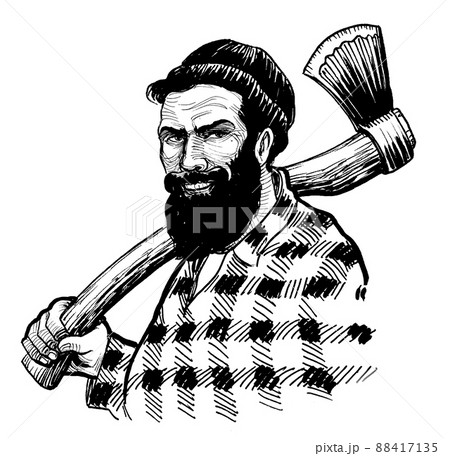 Canadian lumberjack with axe. Ink black and white drawing Canadian lumberjack with axe. Ink black and white drawing 88417135