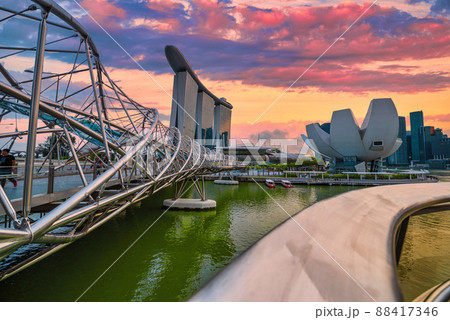 SINGAPORE- 28 APRIL, 2018: Singapore Skyline and view of skyscrapers on Marina Bay at sunset. SINGAPORE- 28 APRIL, 2018: Singapore Skyline and view of skyscrapers on Marina Bay at sunset. 88417346