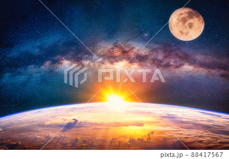 Landscape with Milky way galaxy. The Full moon ,sunrise  and Earth view from space with Milky way galaxy. (Elements of this image furnished by NASA) 88417567
