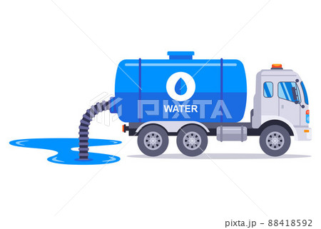 the truck downloads water from the river from the hose into its barrel. 88418592