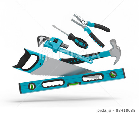 Flying view of green construction tools for repair on white Flying view of green construction tools for repair on white 88418638