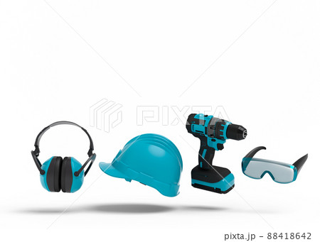 Flying view of green construction tools for repair on white Flying view of green construction tools for repair on white 88418642