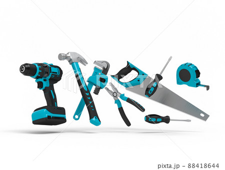 Flying view of green construction tools for repair on white 88418644