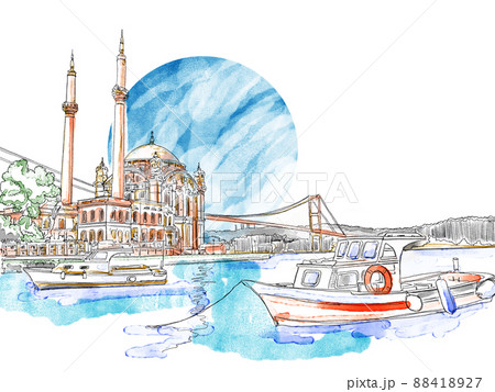Simple watercolor sketch of Istanbul, Turkey. City view of the Ortakoy Mosque with the Bosphorus Bridge. Landscape illustration. Atmosphere of Turkey. Simple watercolor sketch of Istanbul, Turkey. City view of the Ortakoy Mosque with the Bosphorus Bridge. Landscape illustration. Atmosphere of Turkey. 88418927