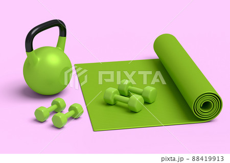 Isometric view of sport equipment like yoga mat, dumbbell and kettlebell on pink background. 3d render of power lifting and fitness concept Isometric view of sport equipment like yoga mat, dumbbell and kettlebell on pink background. 3d render of power lifting and fitness concept 88419913