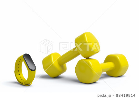Isometric view of sport equipment like smart watches and dumbbell on white background. 3d render of power lifting and fitness concept Isometric view of sport equipment like smart watches and dumbbell on white background. 3d render of power lifting and fitness concept 88419914