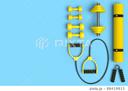 Top view of sport equipment like yoga mat, dumbbell and expander on blue background. 3d render of power lifting and fitness concept 88419915