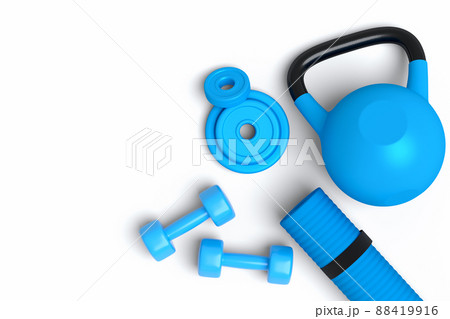 Top view of sport equipment like yoga mat, kettlebell, dumbbell and disk on white background. 3d render of power lifting and fitness concept Top view of sport equipment like yoga mat, kettlebell, dumbbell and disk on white background. 3d render of power lifting and fitness concept 88419916