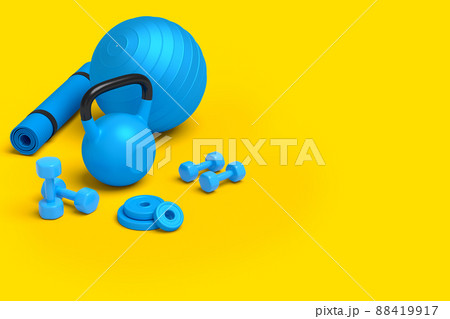 Isometric view of sport equipment like yoga mat, kettlebell, dumbbell and ball on yellow background. 3d render of power lifting and fitness concept Isometric view of sport equipment like yoga mat, kettlebell, dumbbell and ball on yellow background. 3d render of power lifting and fitness concept 88419917