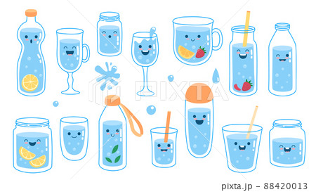 Drink more water. Cute waters world of drinks earth for health, glass decanter, ice liter beverages, funny stickers poster, fitness diet, doodle cartoon neat vector illustration. Container h2o bottle Drink more water. Cute waters world of drinks earth for health, glass decanter, ice liter beverages, funny stickers poster, fitness diet, doodle cartoon neat vector illustration. Container h2o bottle 88420013