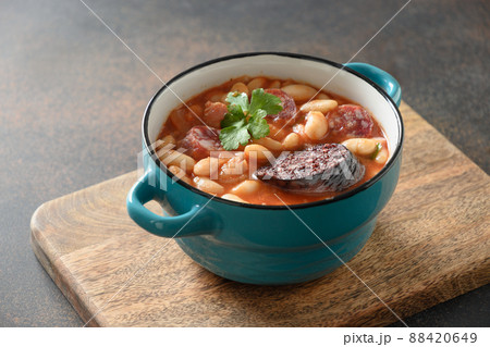 Spanish fabada on brown table. Copy space Spanish fabada on brown table. Copy space 88420649