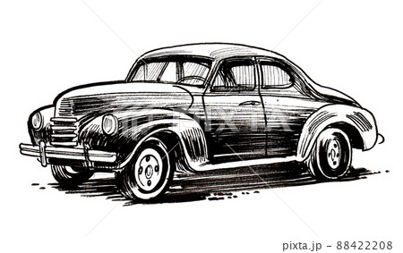 Classic American car. Ink black and white drawing